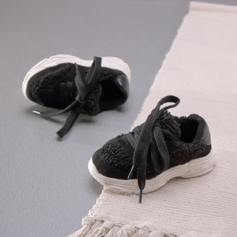 ULKNN Kids Wool Shoes Winter Baby Fur Shoes Lace Up Boys Sneakers White Shoes Warm Cotton Shoes Leather School Sport Trainers