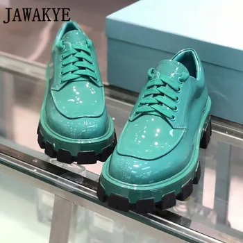 

Platform causal oxfords shoes women thick bottom flat heel round toe white black glossy leather chunky sneakers