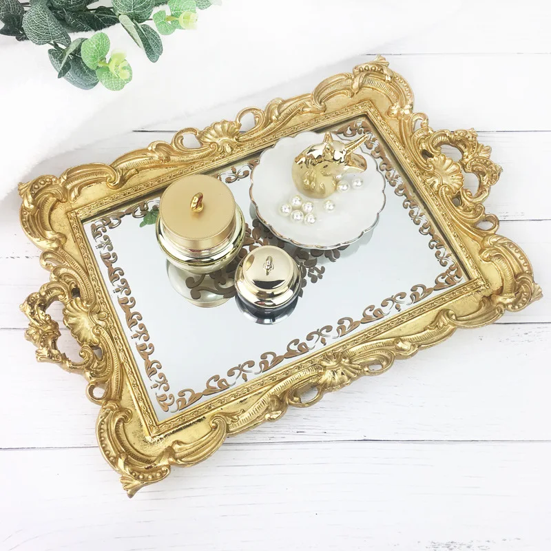 

Retro European Style Rectangular Mirror Tray Tea Tray Fruit Bowl Jewelry Storage Tray Cake Dish Cake Stand Dessert Plates