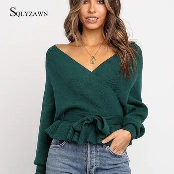 

2019 Women Sexy V Neck Backless Wrap Sweaters Bow Tie Long Sleeve Autumn Harajuku Sweater Jumper Ribbed Long Sleeve Sweater Tops
