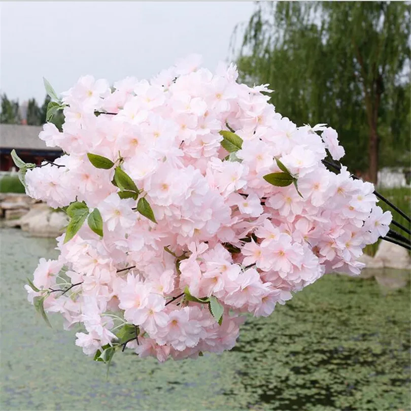 Light Pink 10pcs Silk Cherry Blossom Flower Tree Branches Artificial Sakura Flower Stem 6 colors for Wedding Tree Floral Decoration - Color: Light Pink