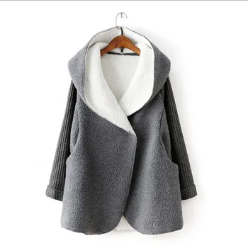 

2019 autumn and winter new fashion wave thickened lambskin stitching knit sweater sleeve bat hooded women cardigan 50183
