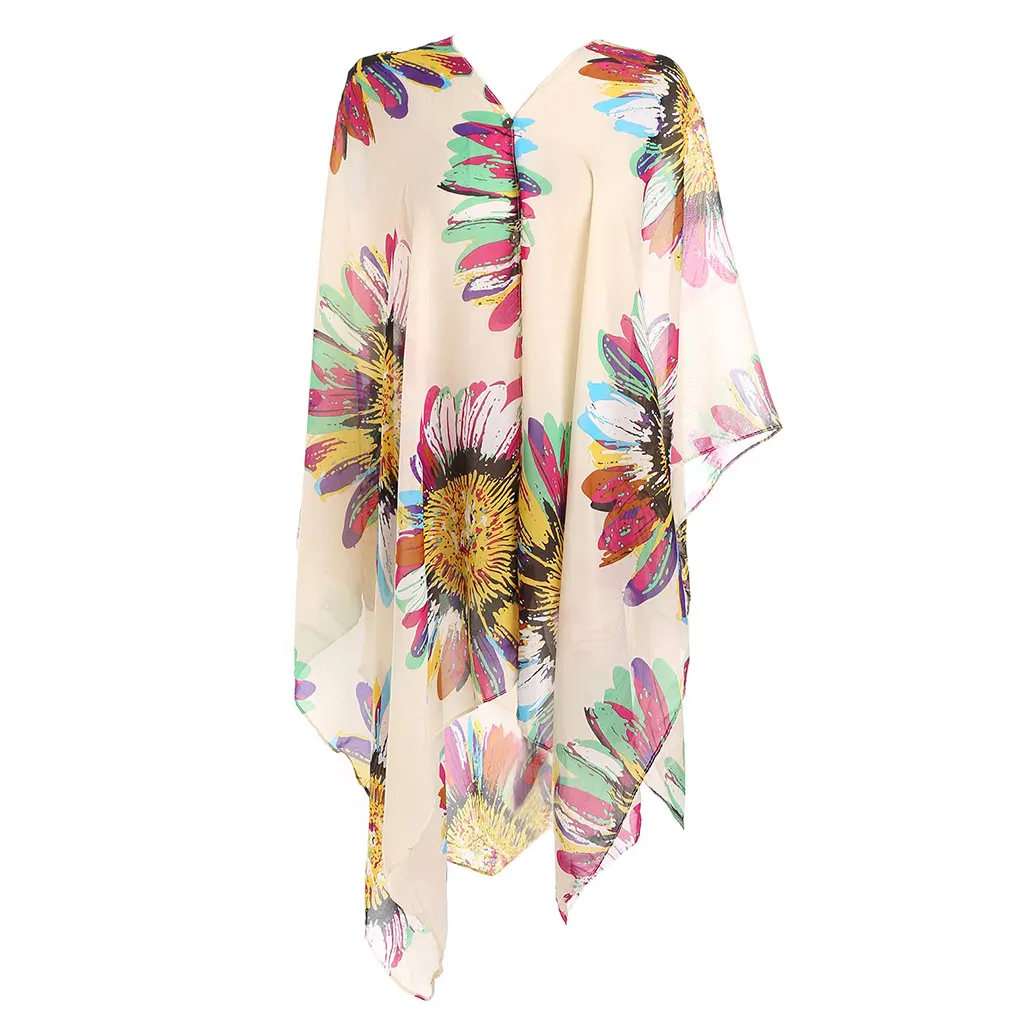 

New Women Pullover Square V-Neck Swimsuit Cover Up Bohemian Rainbow Large Sunflower Printed Chiffon Cape Shawl Oversized Loose