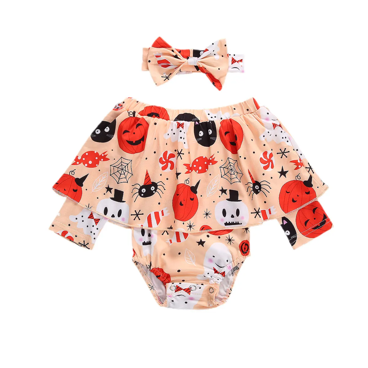 

Baby Halloween Romper Cloak Headband Suit Fall Round Collar Crotch Buttons Pumpkin Ghost Printed Clothes
