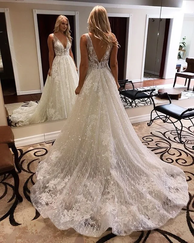 

Best Selling V Neck Zipper Up Back Sequined Bling Lace Beaded Court Train A Line Wedding Dress