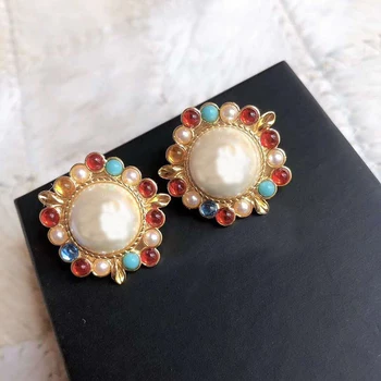 

2020 New Lot Fashion Vintage Charm Jewelry Gold-Color Round Half Pearls Flower Stud Earring For Women