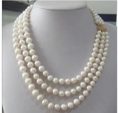 

free shipping triple strandsAAA 8-9mm Real Australian south sea white pearl necklace 17-19"14KGP