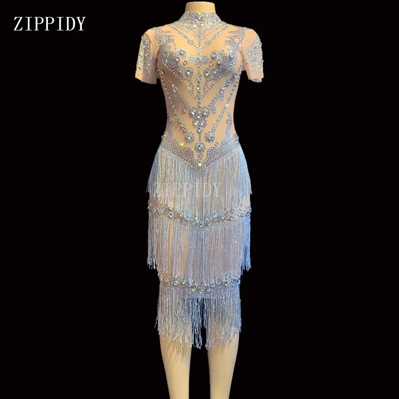 Синие стразы, Сетчатое платье с кисточками, платье для выпускного вечера, прозрачная одежда, платье для певца, танцора, платье для дня рождения, празднования, YOUDU