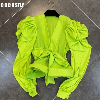 

ins fashion Women Sexy V-Neck White Blouse Elegant Slim Waist Bandage Puff Sleeve Blouse Lady Chiffon Shirt Tops Streetwear