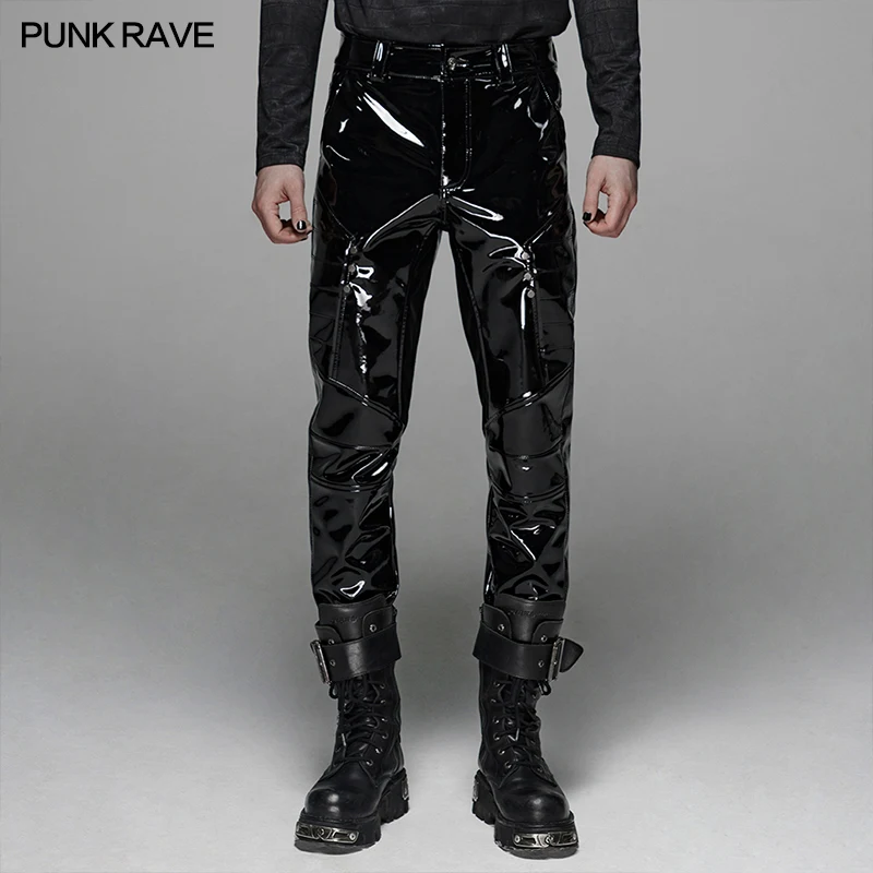 PUNK RAVE Men Punk Military Bright Leather Pants Stage Perform Costume