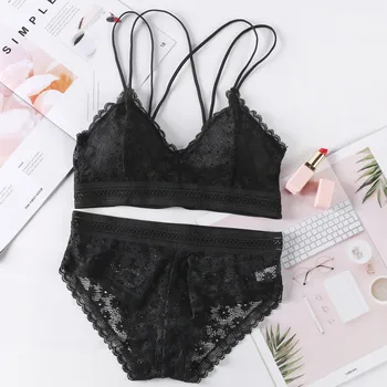 

Sexy Lingerie Lace Bra And Panty Set Women Push Up Bralette Thong Panties G-String Underwear Wire Free Bra Brief Sets Babydoll#W