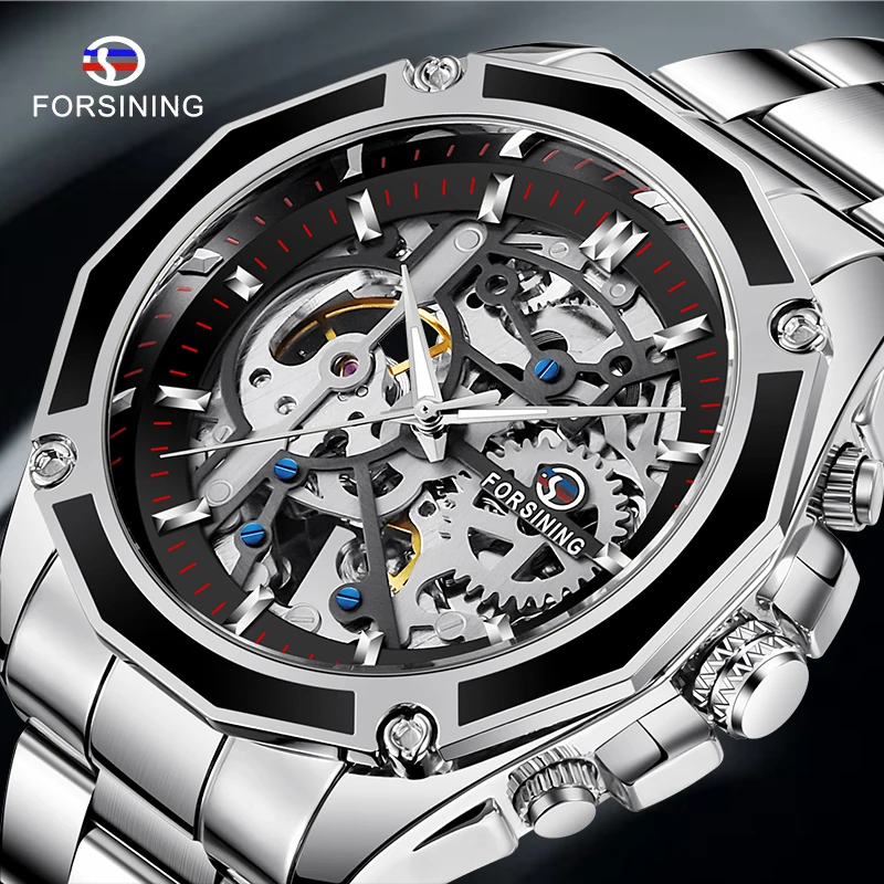 

FORSINING Men Watch Silver Stainless Steel Military Sport Wristwatch Skeleton Automatic Mechanical Male Clock relogio masculino