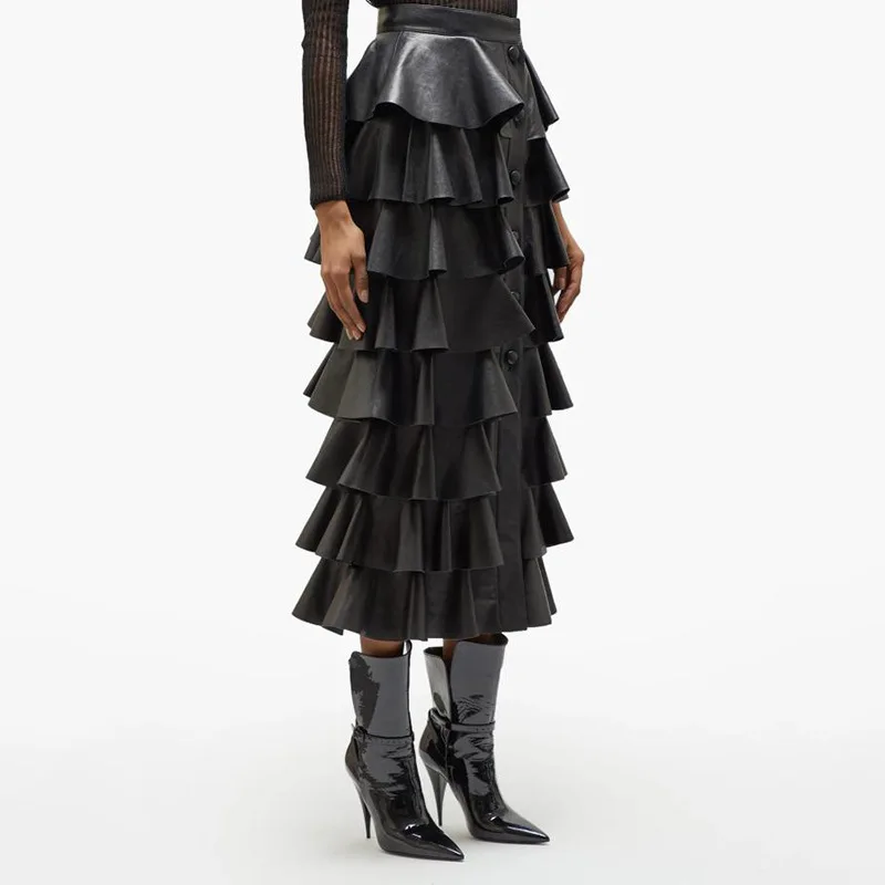 

2020 Spring New Style European And American Streets Black PU Leather Layers Slimming Flounced Cake Dress Slimming Skirt Women's