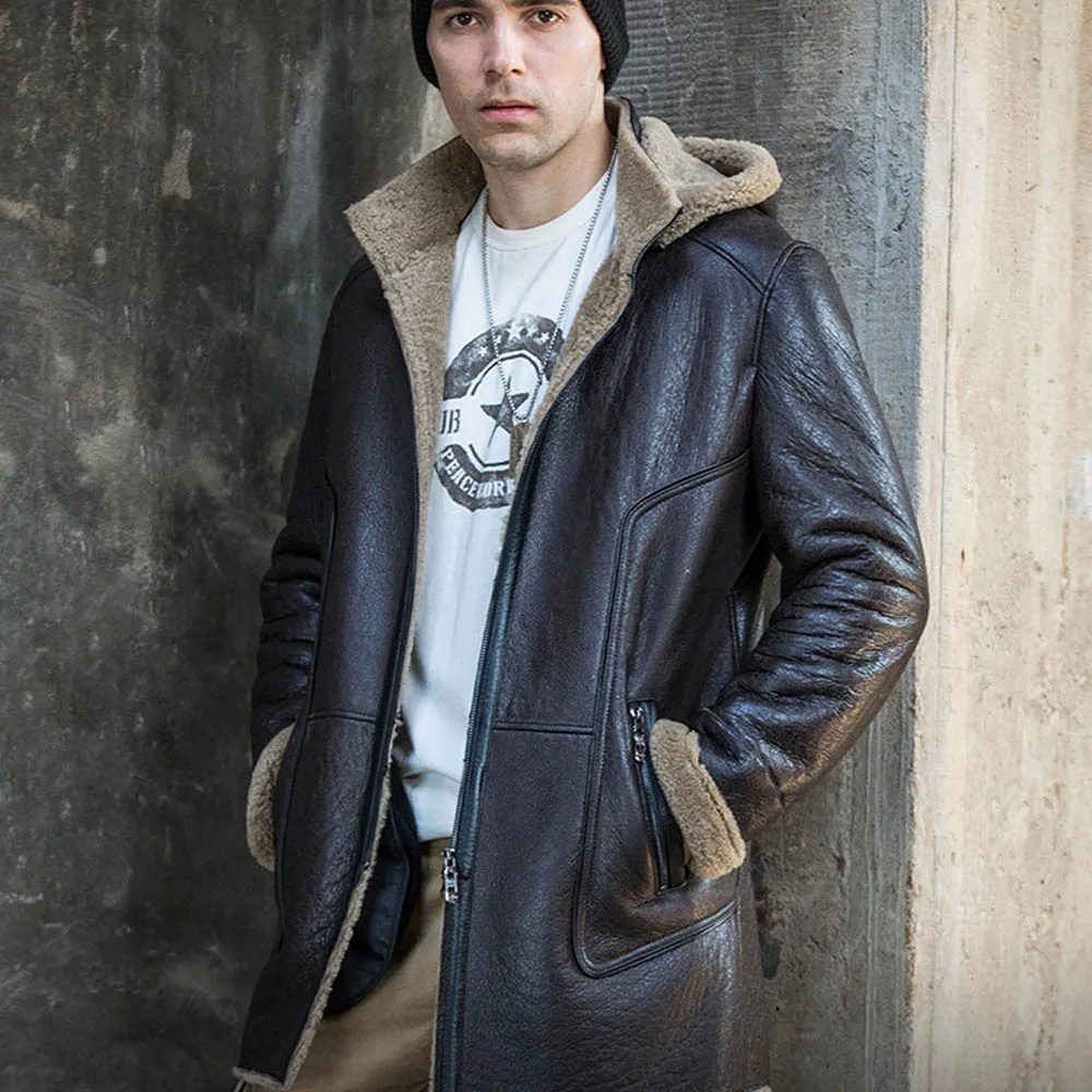 Мужское пальто со съемным капюшоном средней длины утепленная овчина меховая