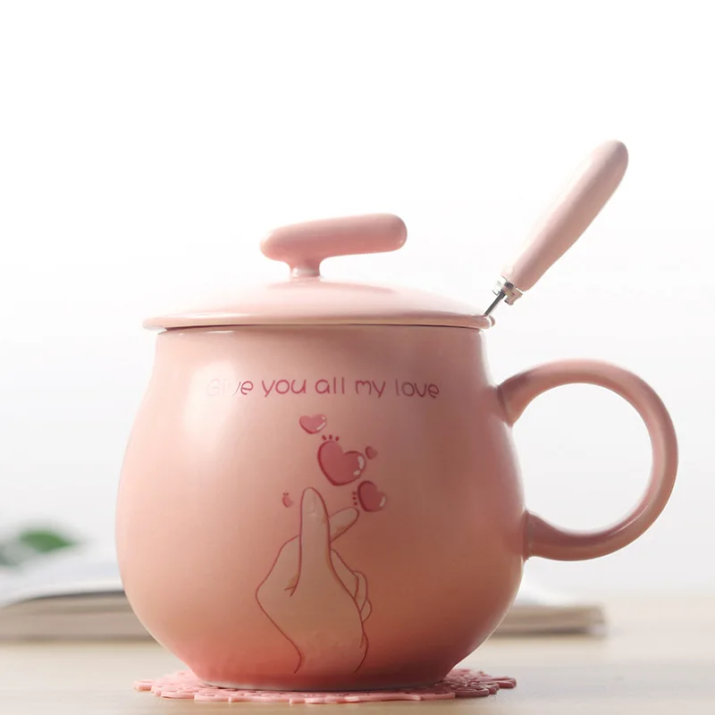 Pink heart Креативный стиль парные чашки Керамическая кофейная чашка с Ложка Крышка Кружка подарок на день рождения чашка Детская комната украшения - Цвет: Pink heart