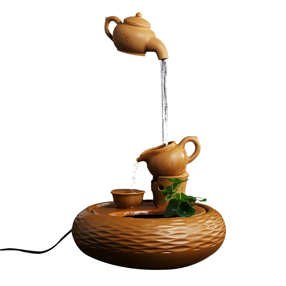 

Waterfall Backflow Decoration Ceramic Dangling Waterfall 3-Step Water Fountain with LED for Office Room Portable Feng Shui