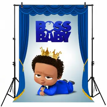 

Vinyl Boss Baby Backdrop 7x5 African American Boy Birthday Party Photography Background Supplies Blue Curtain Studio Background