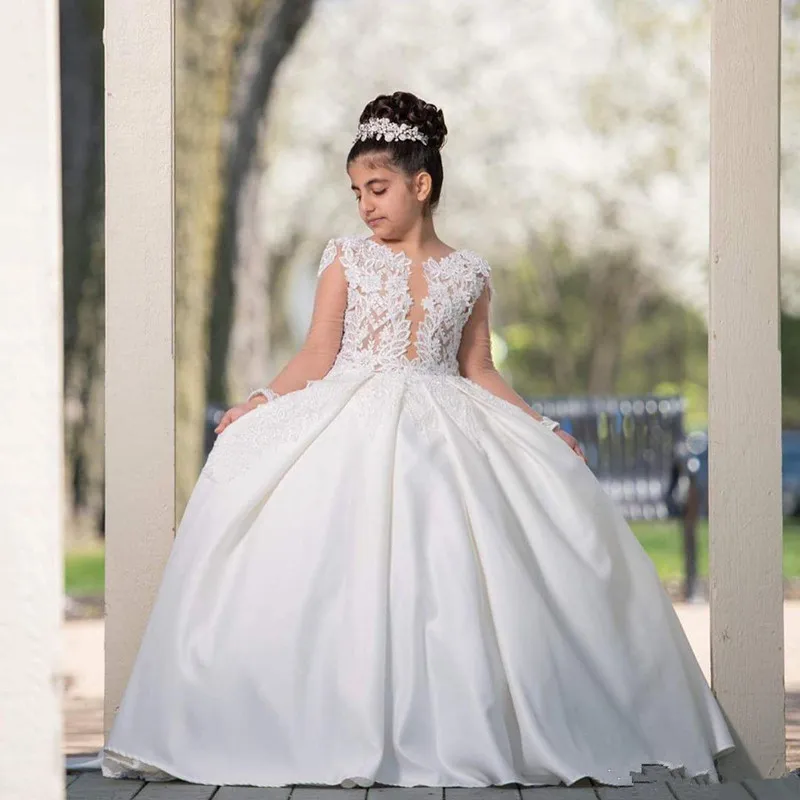 

White First Communion Dresses for Girls Satin Empire Bow Floor Length Flower Girl Dresses for Weddings Birthday