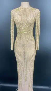 

High Elastic Lady Sparkly Rhinestones Beading Bodycon DJ Club Party Dancer Rave Costume Long Dress
