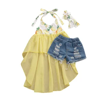 

Pudcoco Fast Shipping 1-6Years Baby Girls Clothes Sets Yellow Lenmon Print Sleeveless Blet Lace Dress +Blue Denim Shorts Set