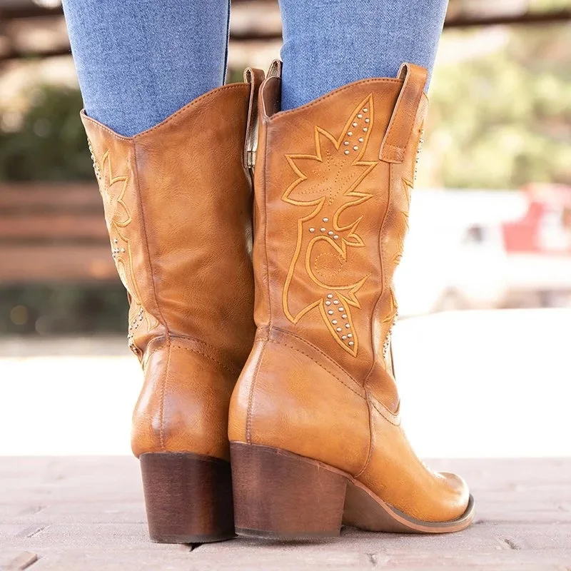 Для женщин кожаные женские ковбойские ботинки Обувь на низком каблуке Женская обувь по колено для классические женские западные ковбойские ботинки