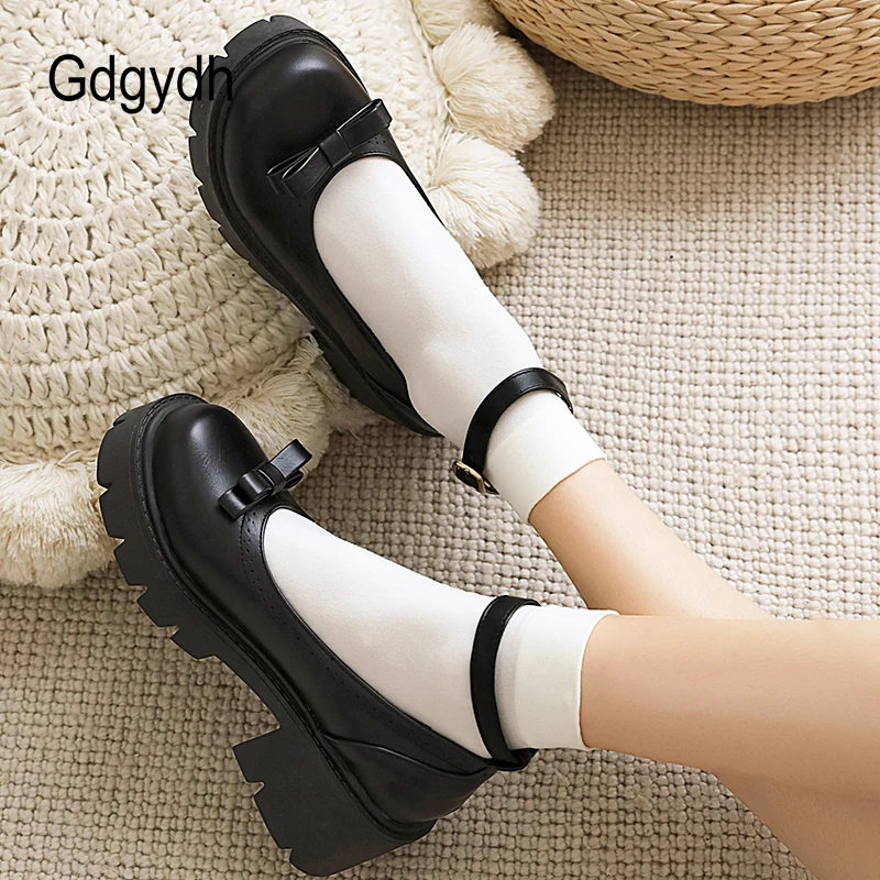 Gdgydh Bowknot Round Toe Ankle Buckle Lolita Shoes Girls Spring Summer Platform Heel Dropship Student Shoes College Girl Lolita