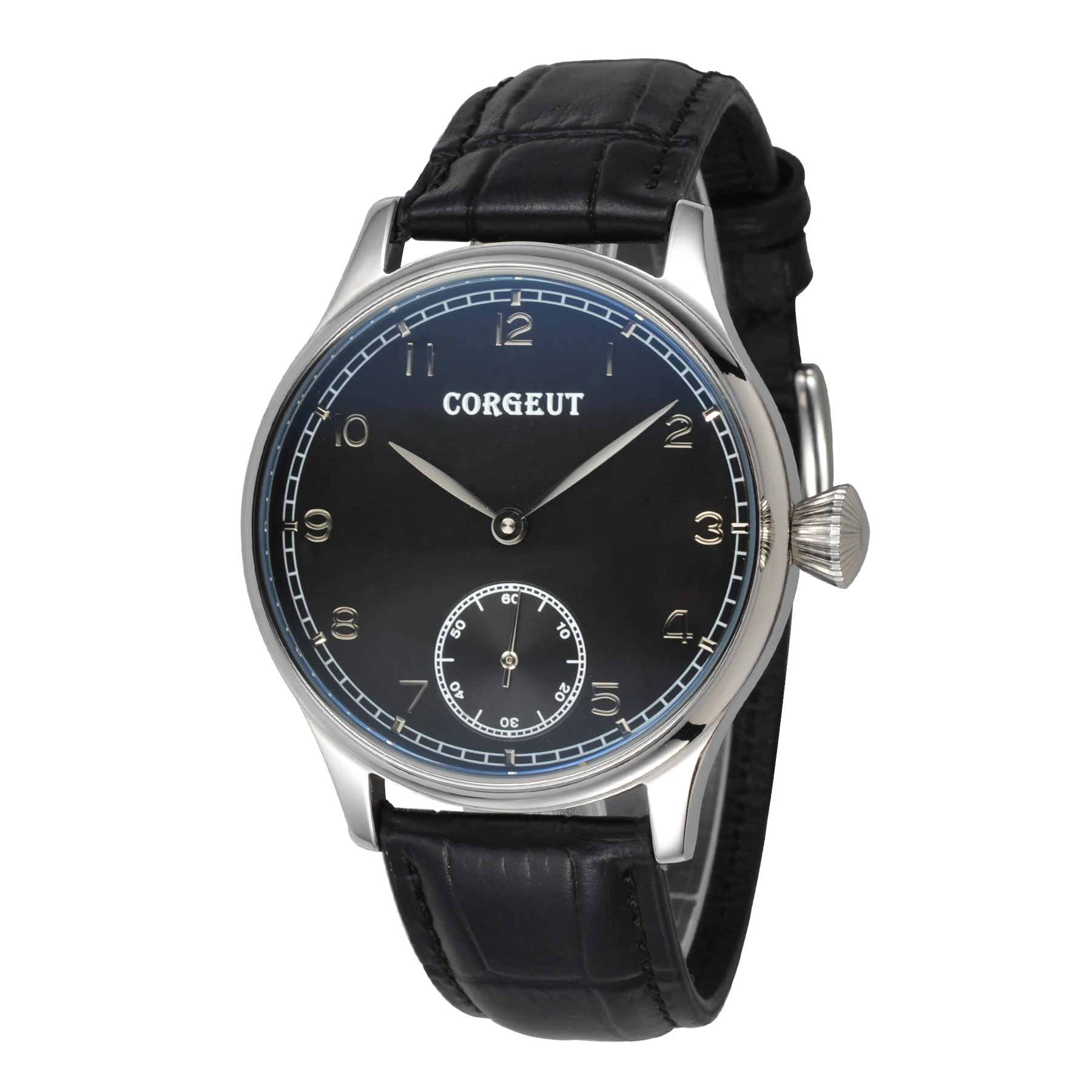 

Corgeut 44mmMens Mechanical Watch 316L SS Case Black Sterile Dial Silver Subdail Clock 6498 Hand Winding Movement Watches