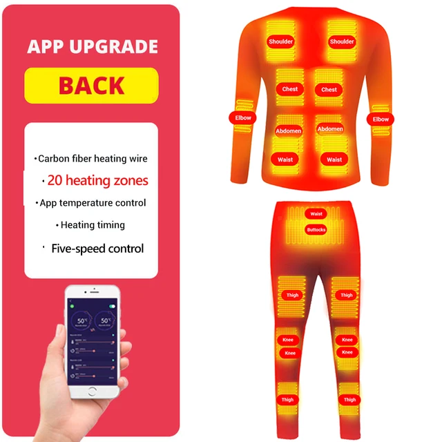 Winter Heated Underwear Suit Smart Phone APP Control Temperature USB Battery Powered  Fleece Thermal Motorcycle Jacket NEW 20 heating Area Suit