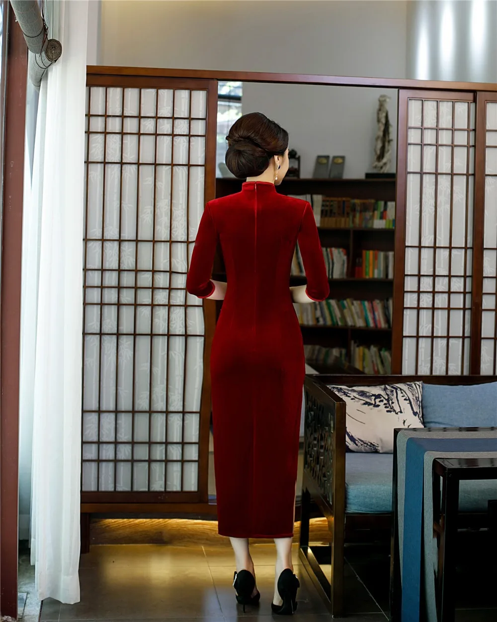 Shanghai Story/Новое поступление 3/4, длинное платье Qipao с рукавами бархатное китайское платье с разрезами по бокам и воротником-стойкой, с цветочной вышивкой, китайское женское платье 3 цвета