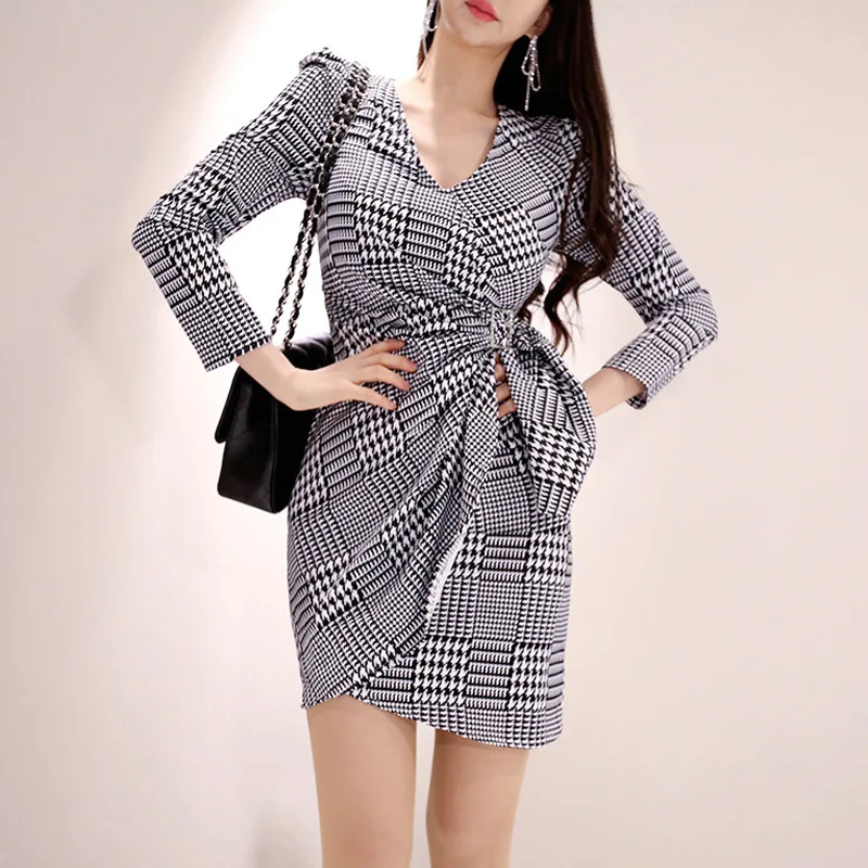 

2019 New Style Korean-style Ol Elegant V-neck Slim Fit Shirred Waist Hugging Thousands of Birds Sheath Fashion Dress Women's