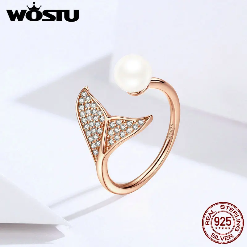 WOSTU 100% 925 Sterling Silver &amp Pearl The Tail Of Mermaid Adjustable Rings for Women Luxury S925 Jewelry Gift FIR286 | Украшения и