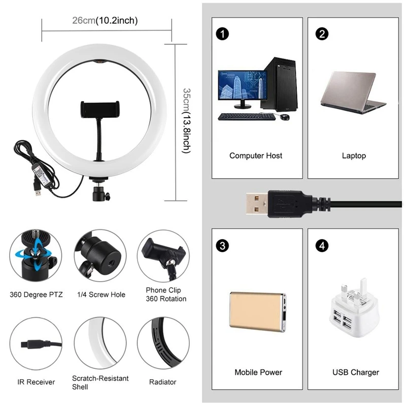 PULUZ 10 2 дюймов USB RGBW затемненный светодиодный кольцевой светильник Vlogging для