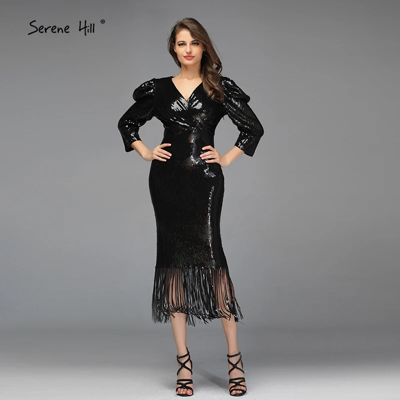 Черное блестящее коктейльное платье Русалка с блестками, сексуальное коктейльное платье с v-образным вырезом и кисточками, платье для чаепития Serene hilm BQA8028