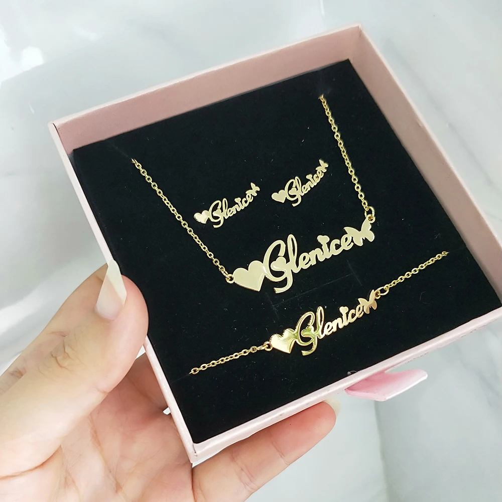 DODOAI Customized Jewelry Sets Trendy Letter Earrings Stainless Steel Name Necklace/Earrings/Bracelet/ Ring Nameplate Gift 4 sets miniature scene mannequin jewelry display stand small dress form accessories