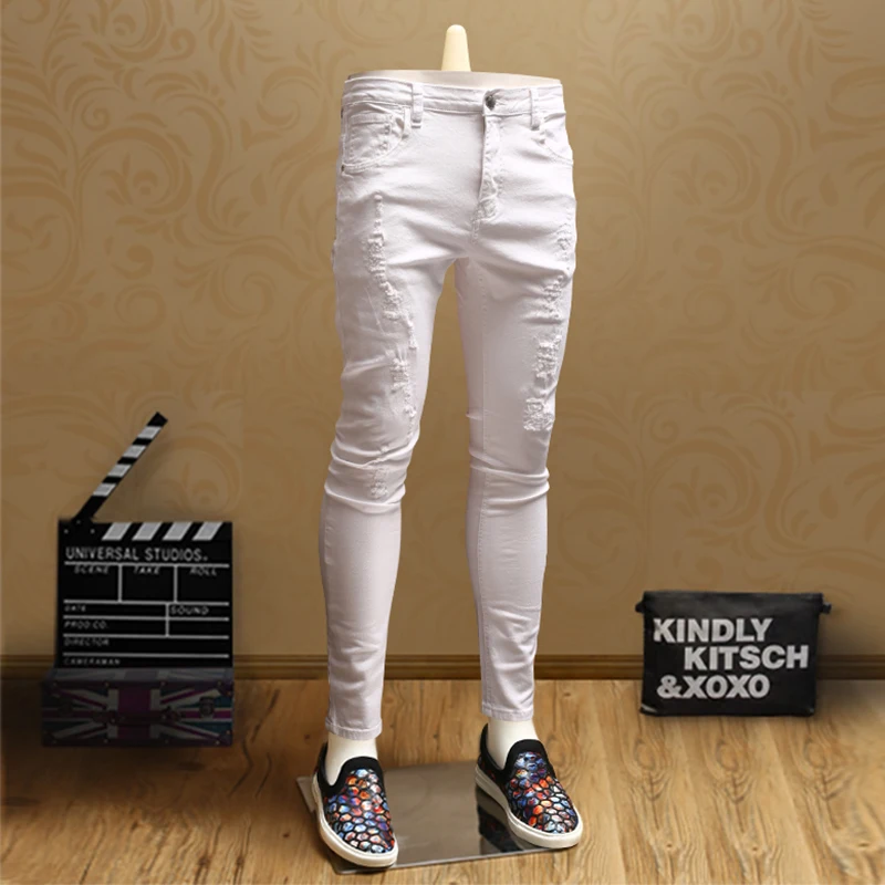 Casual Skinny Ripped White Jeans Streetwear Distressed Pants for Cowboys Men PSMJ74