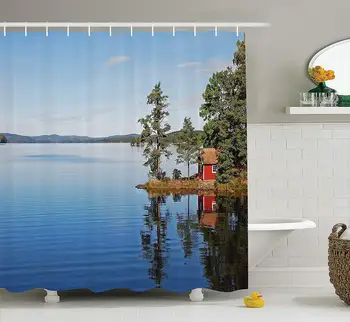 

Shower Curtain Lake House Lakeside Photo with Calm Still Water and Country House Between Trees Peace Art Work Bathroom Decor