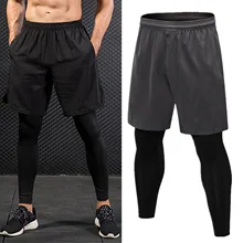 Мужские леггинсы из двух частей, подходят для занятий спортом, бега, тренировок, быстросохнущие штаны, Повседневная Эластичная спортивная одежда, обтягивающие спортивные штаны