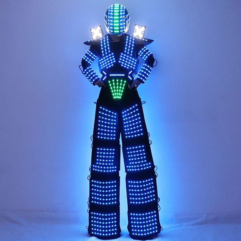 

Trajes LED Robot Costume RGB Change Color LED Clothing Helmet Stilts Walker Robot Suit With Laser Gloves
