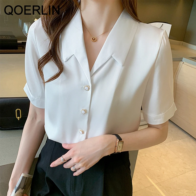 Stylish Office Ladies Short Sleeve Satin Shirt Elegant Formal OL