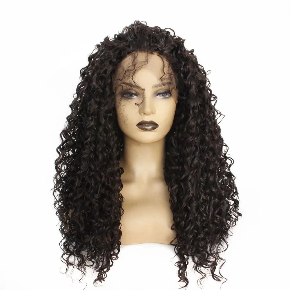 

Dark Brown Color Long Hair Afro Kinky Curly Lace Wigs Heat Resistant Fiber 180 Density Synthetic Lace Front Wig with Baby Hair