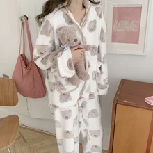 winter thick warm flannel pajama set for women long sleeve sleepwear suit cartoon bear kawaii homewear home clothes soft L775