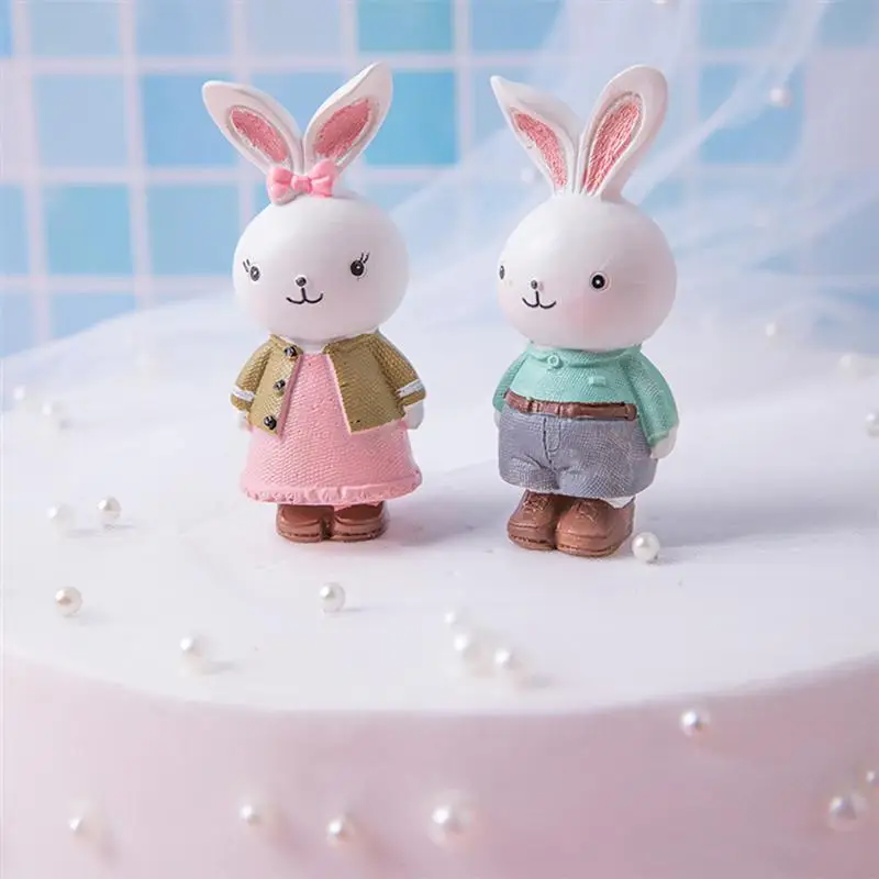 2pcs Cartoon Rabbit Cake Topper Decoration Resin Rabbit Ornament Birthday Baby Shower Party Cake Decorating Party Supplies A35