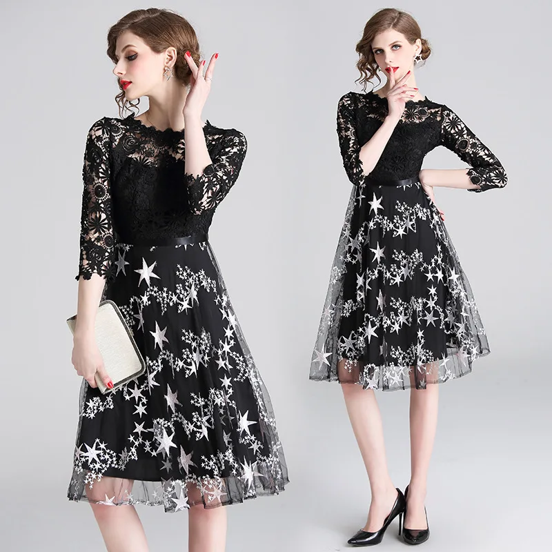 

2019 Early Spring New Style WOMEN'S Dress Elegant Debutante Lace Joint Mock Two-Piece Floral Printed Dress Western Style Medium-