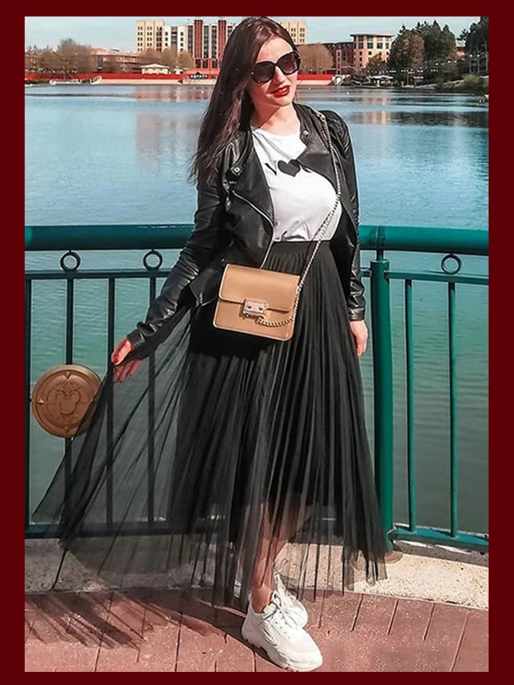 Dotfashion Женские Летние Стильные Новые поступления черные тюлевые сетчатые плиссированные юбки миди с эластичной талией милые женские юбки-клеш