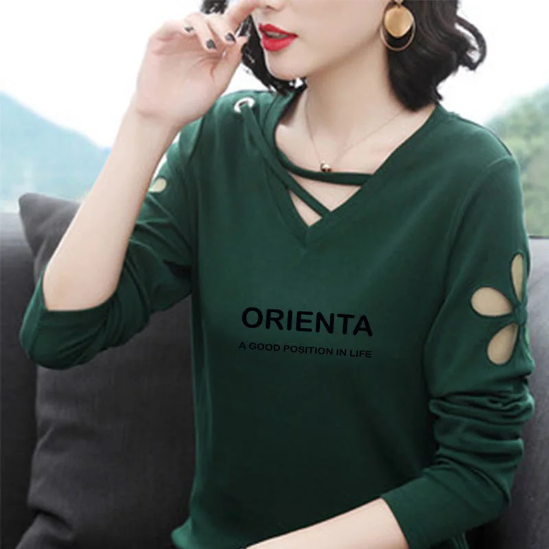 

2021 New Loose Autumn 100% Cotton T Shirt Woman Long Sleeve Shirt Hollow Out Woman T-shirt Women Shirts