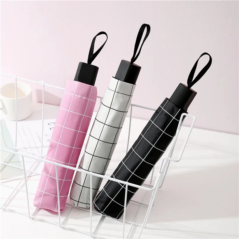 

Grid Vinyl Umbrella Folding Sun-resistant All-Weather Umbrella Hipster Parasol Students New Style Umbrella Wholesale Small ge zi
