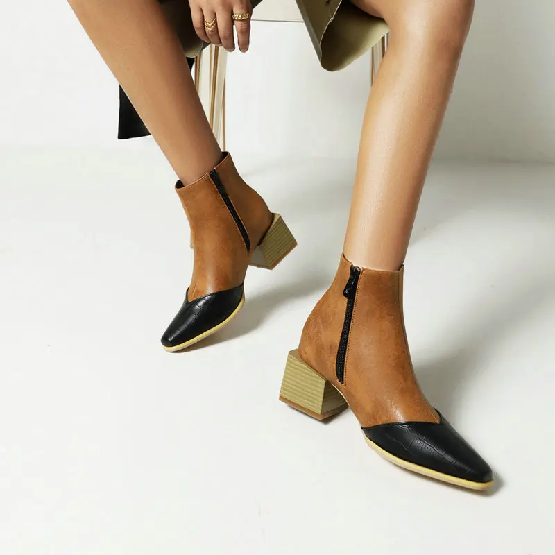 

New Stitching Elastic Lady Short Boots Four Seasons Square Head Zipper Snake Pattern Women's Shoes Thick High-Heel Tooling Boots