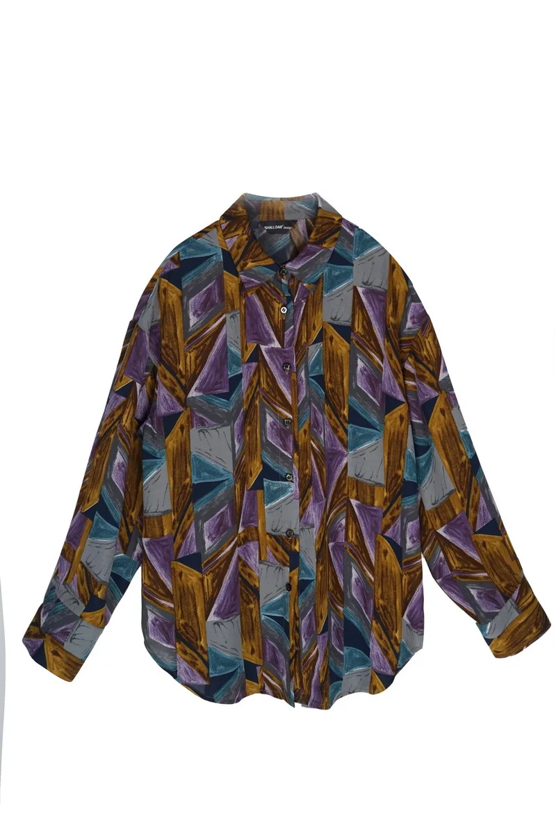 

New Designer Women Print Blouse Long Sleeve Turn Down Collar Loose Female Casual Fashion Cotton Top Blouse Streetwear Shirt