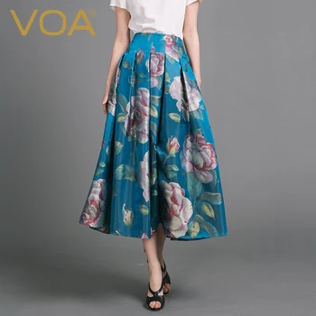 

VOA Blue Background Red Flowers Tucker Pleats Full round Yarn-dyed Jacquard 28, mi liang Gloss Real Silk Skirt C6908