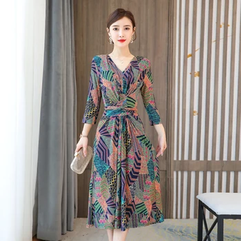 

2020 Real Shot Ice Silk Women Dress Long Sleeve Loose Floral Vintage V-neck Vestidos Dress Women Ladies Dresses Clothes